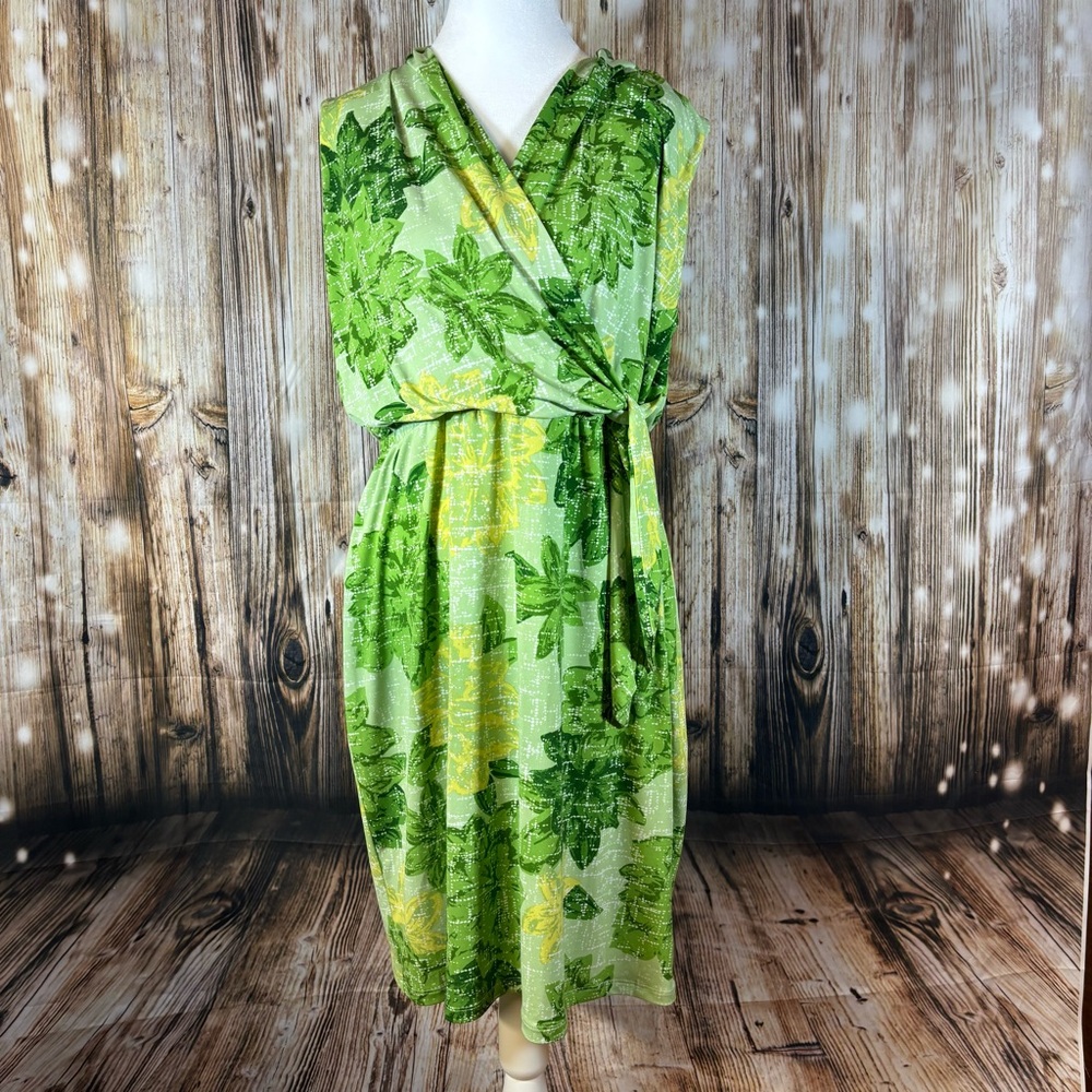 Charter Club Dress Women’s Size L Green Yellow Sleeveless V Neck Wrap Knee
